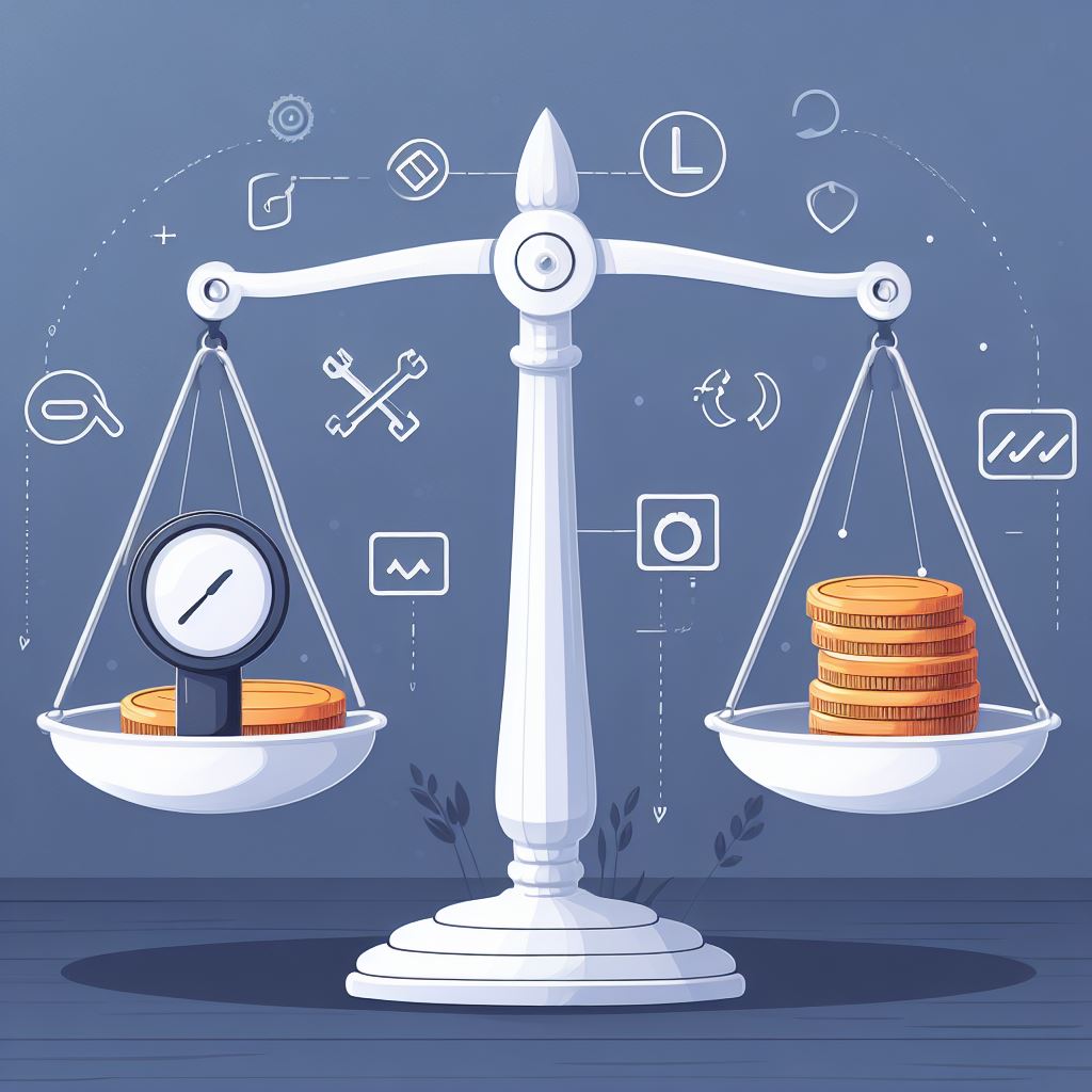 A balance scale weighing the pros and cons of SEO strategies.