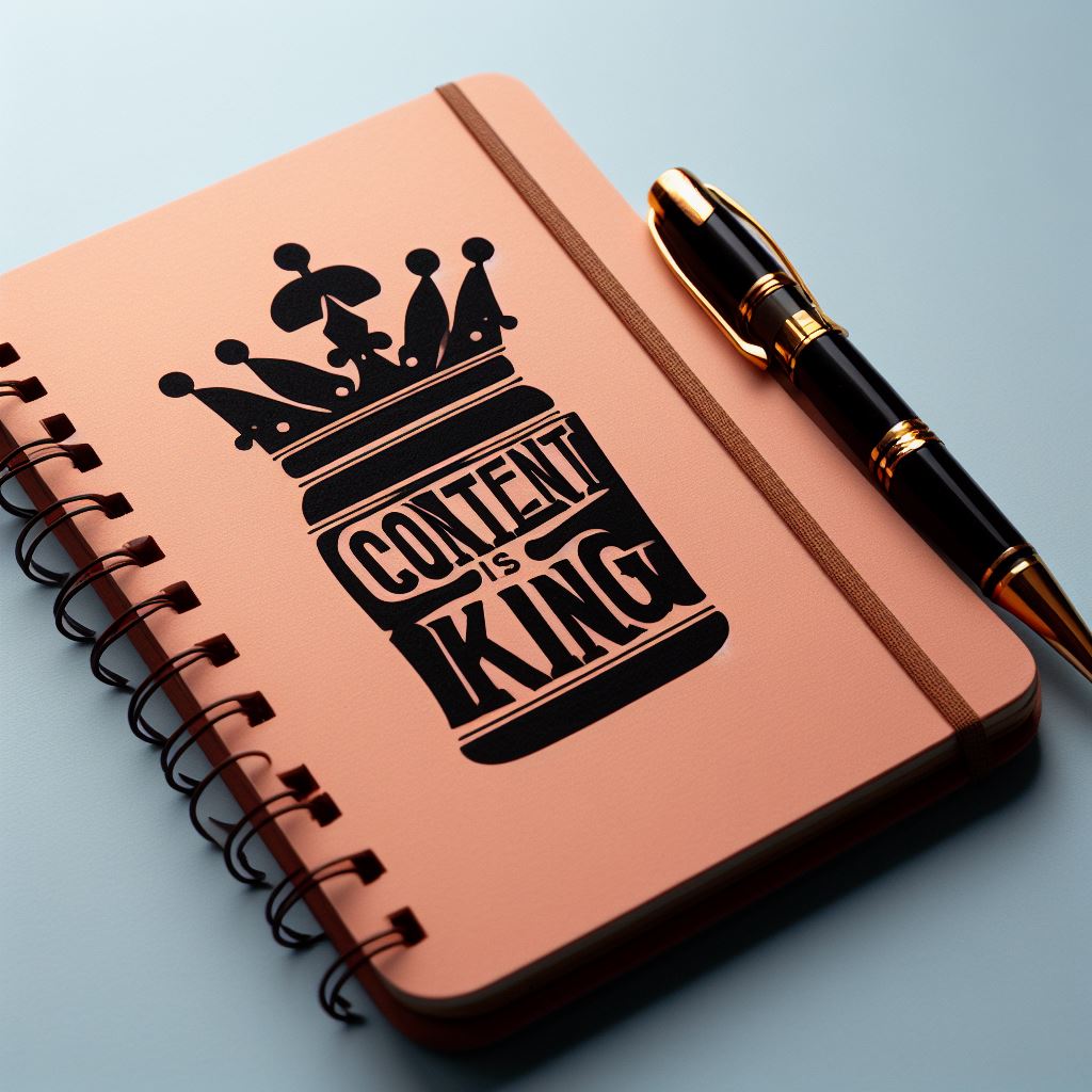 A notebook and pen with the text "Content is King."