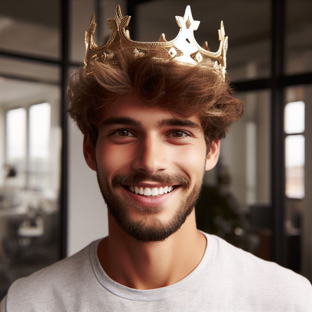 A Man With A Crown Showing That He Has Topical Authority Through Writing Blog Articles